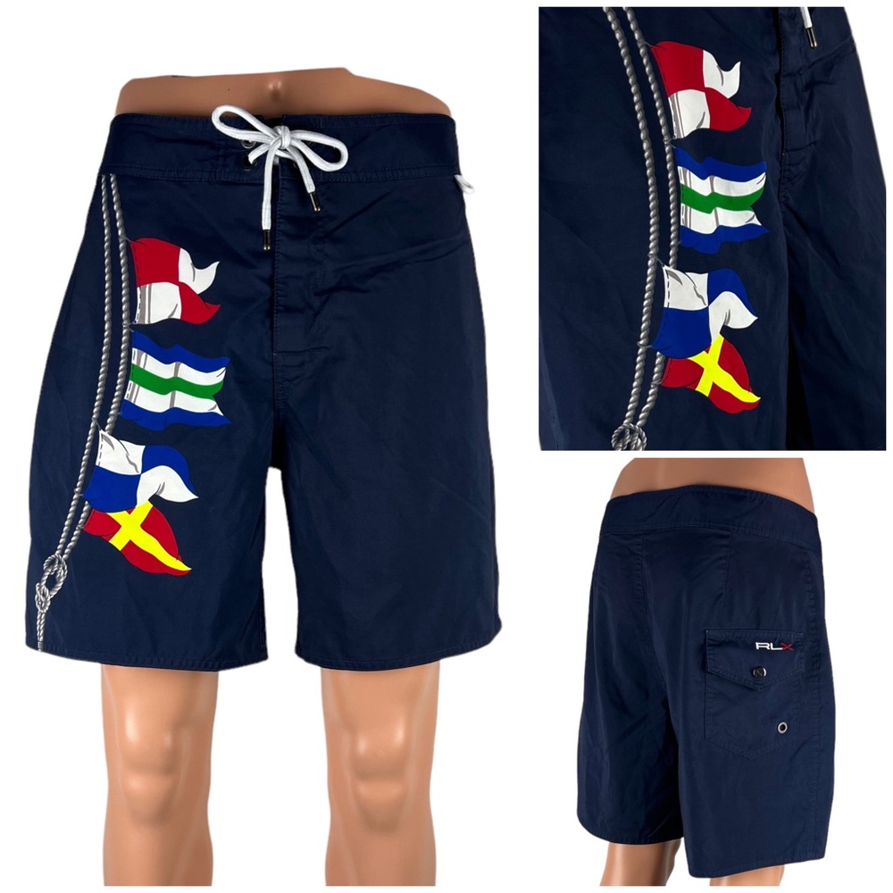 RLX Ralph Lauren Swim Trunks Nautical Mens 34 Board Shorts Navy Blue 7” Flags